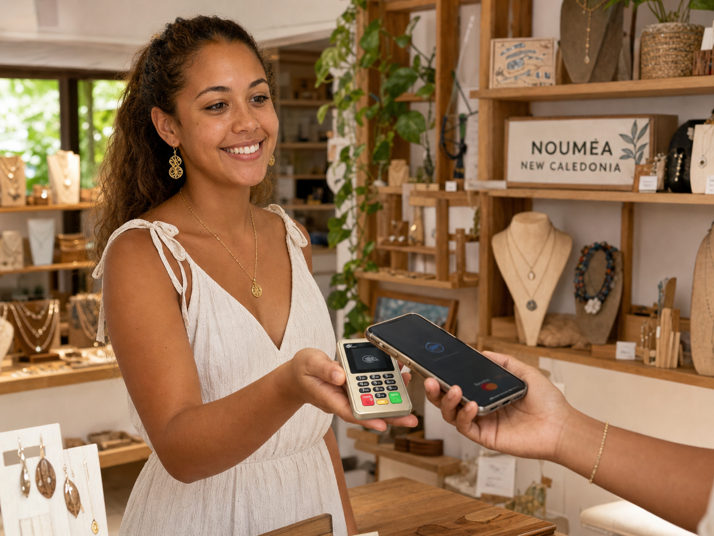 Boutique à Nouméa avec terminal de paiement